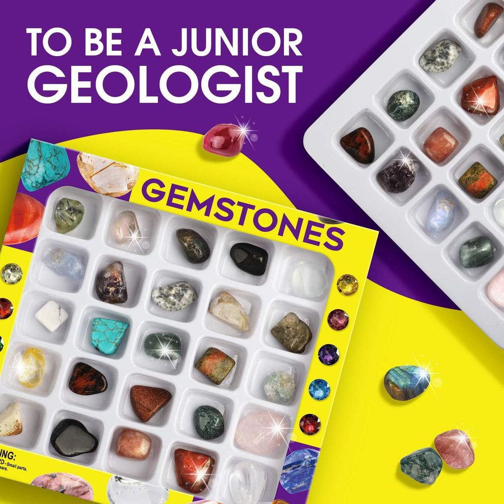 Rocks Collection 25PCS Rock and Mineral Education Set - Gemstones for Kids with Healing Chakra Stones & STEM Guide