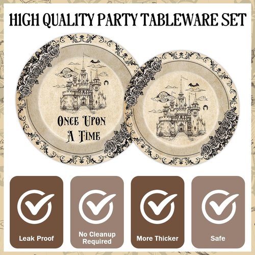 VorkiVecKi Fairytale Plates Party Decorations - 96 Pcs Once Upon a Time Tableware Paper Plate Set Napkins Forks Disposable, Floral Medieval Castle Party Supplies Decor for Birthday Wedding Serve 24