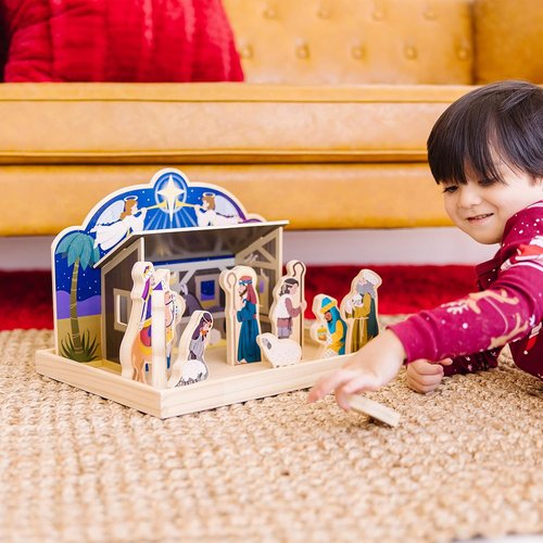 Melissa & Doug Classic Wooden Nativity Set - 11 Figures with 4-Piece Stable for Christmas Decor