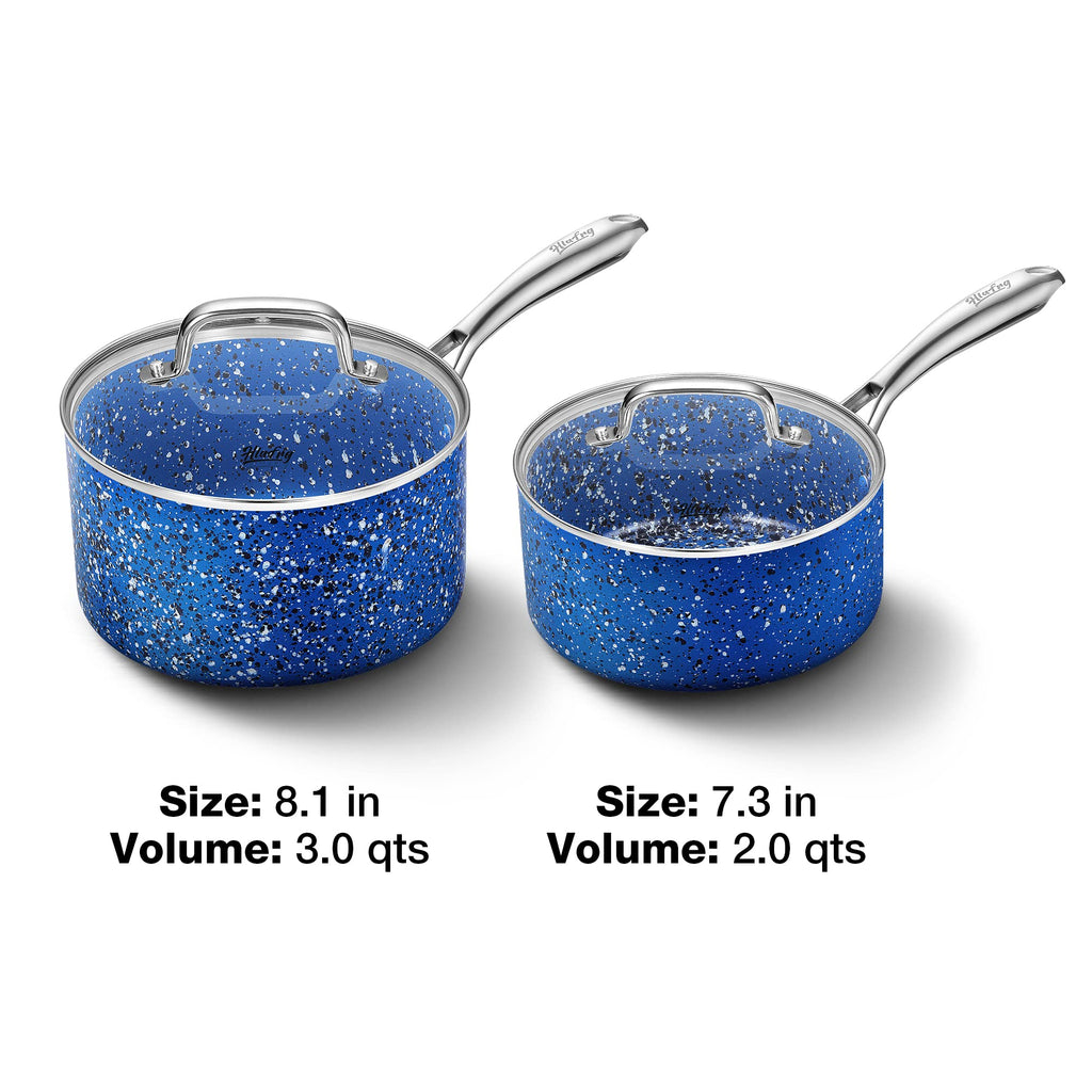 HLAFRG Saucepan Set with Lid, Nonstick 2Qt & 3Qt Pot Set with Lid, Small Pot with Stainless Steel Handle, Natural Granite Nonstick Saucepan Set, Small Sauce Pots, Blue Pot Set - 2Qt & 3Qt