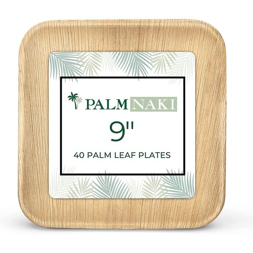 PALM NAKI Square Palm Leaf Plates (40 Count) - Disposable Dinnerware, Eco-Friendly, Bamboo-like Compostable and Biodegradable Plates (9" Plates)
