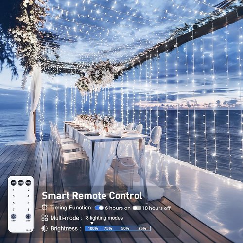JMEXSUSS Curtain Lights - 900 LED White String Lights with Remote | 9.5x29.5ft Indoor/Outdoor Decor
