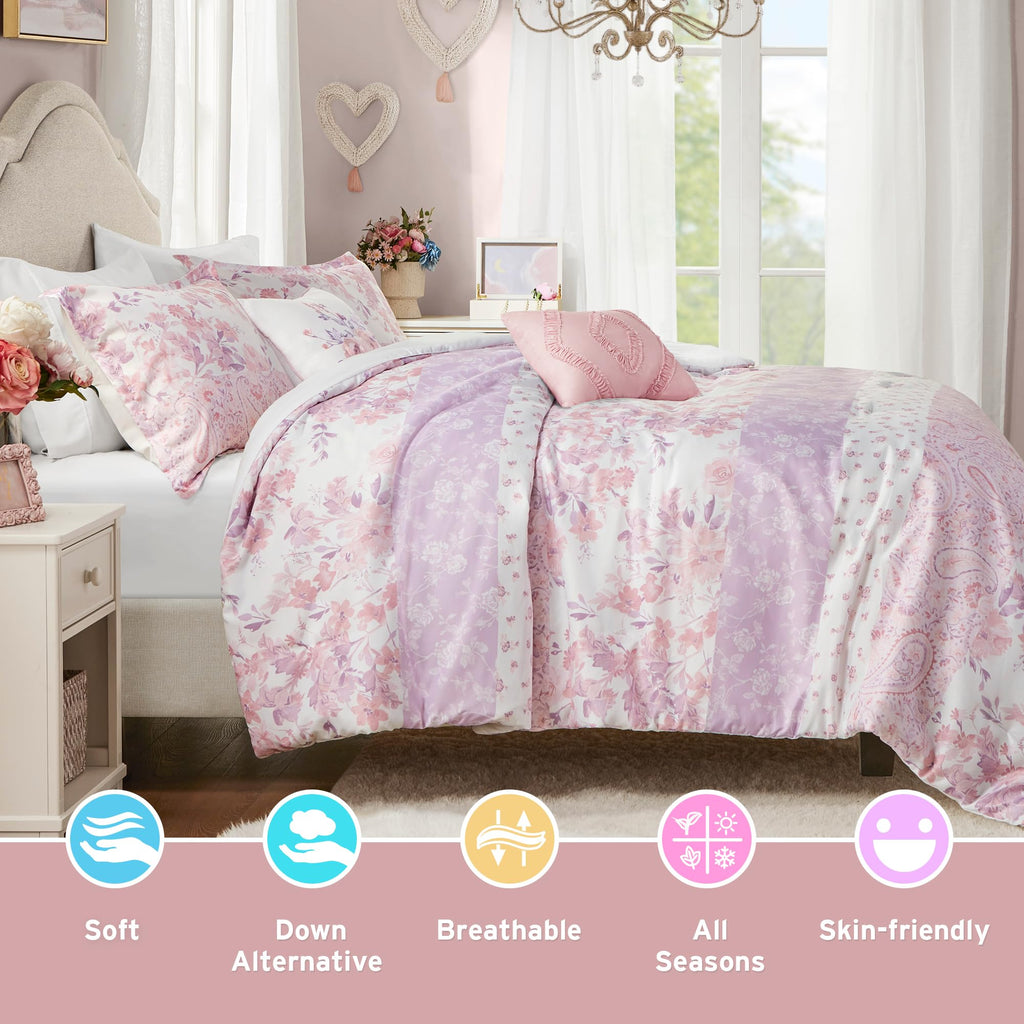 Intelligent Design Queen Comforter Set, Romantic Floral & Paisley, Solid Reverse, Microfiber Lightweight All Seasons Down Alternative Bedding, Sham & Décor Pillows, Oliena, Full/Queen Pink 5 Piece