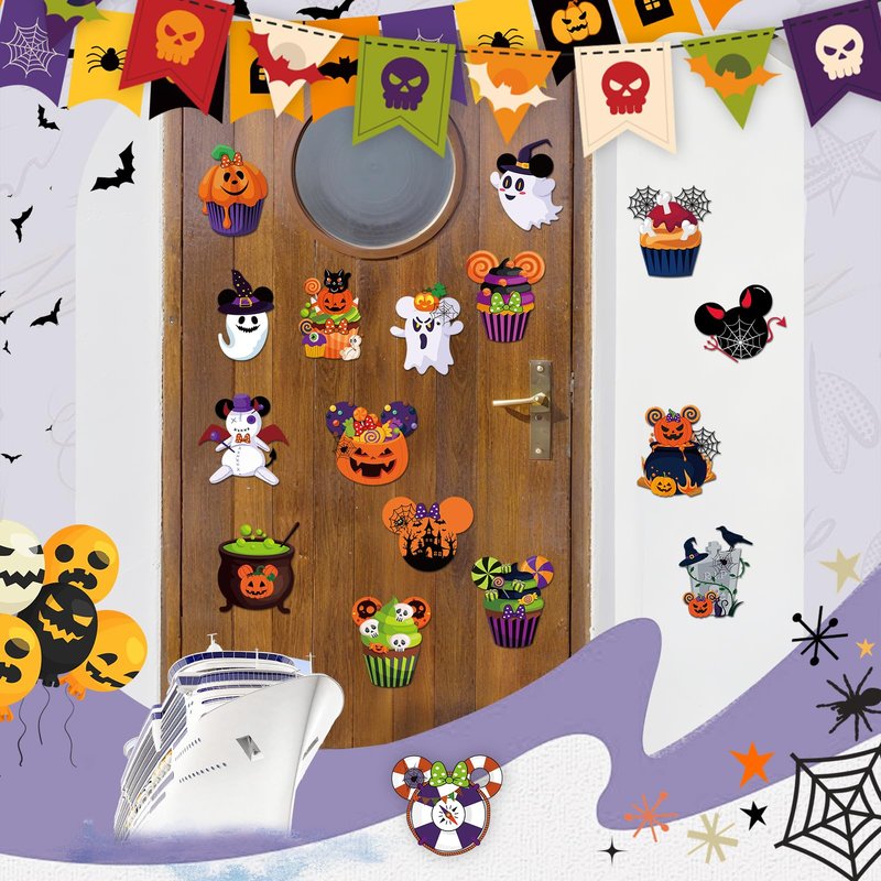 RiVolTa Halloween Cruise Door Decorations - 16 Pcs Mouse Pumpkin Ship Cabin Magnetic Stickers Funny Cute Ghost Boo Anchor Stateroom Magnets Decals Accessories for Carnival Holiday Party Fridge Decor