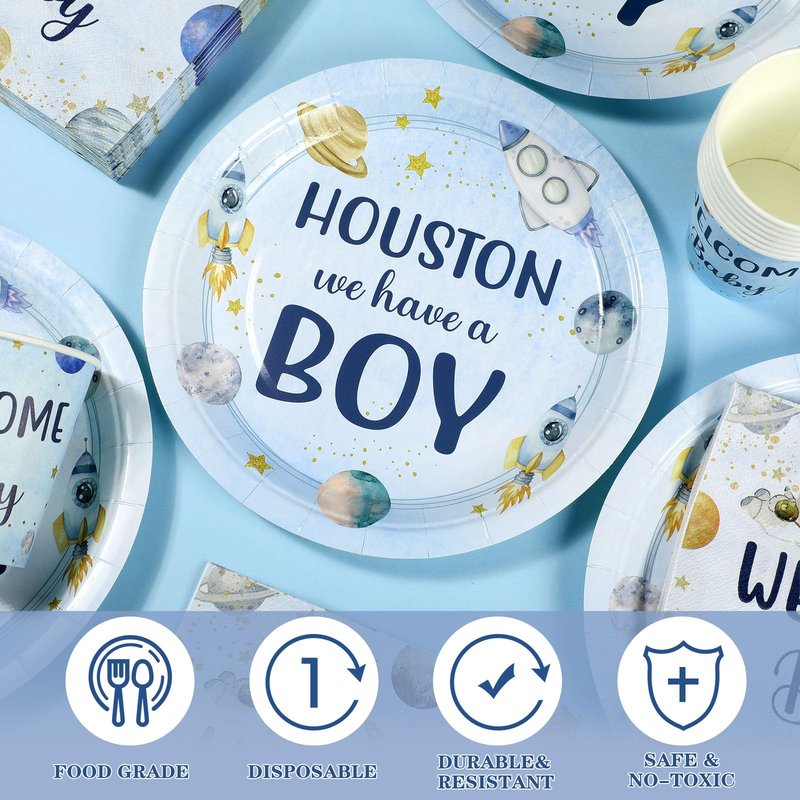 Hushee 200 Pcs Outer Space Baby Shower Paper Plates Napkins Cups Baby Shower Party Supplies Tableware Set Disposable Cup Napkin for 50 Guest Party Decoration