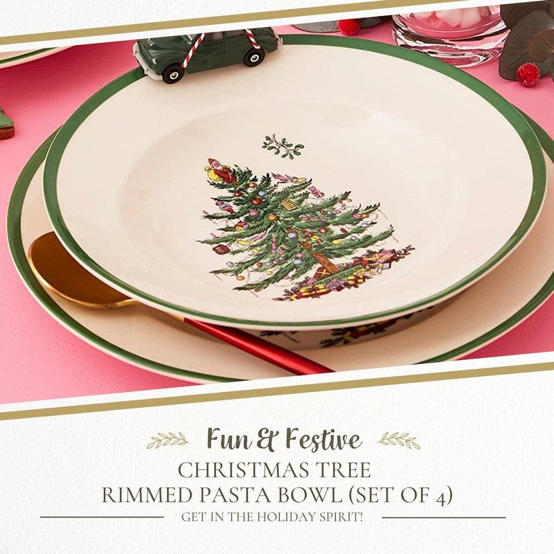Spode Christmas Tree Pasta Bowl - Set of 4, Rimmed Plate for Serving Salad, Spaghetti & Soup, 10-Inch, Made of Porcelain, Dishwasher, Microwave & Freezer Safe, Dinnerware Set
