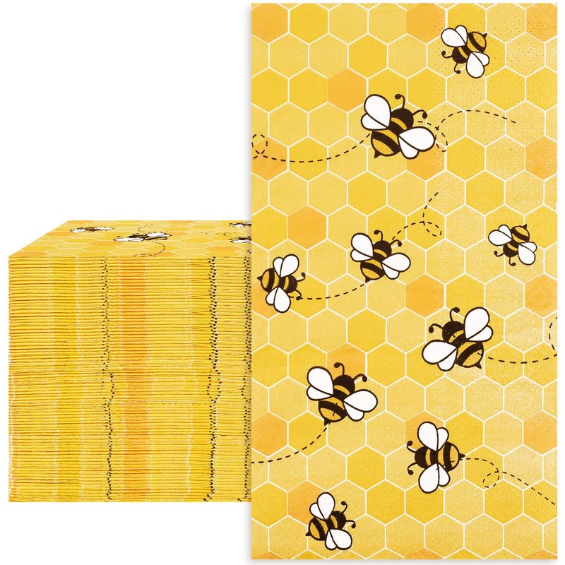 Whaline Bee Guest Napkins 3 Ply Disposable Paper Pack Yellow Honeycomb Dinner Hand Napkin Towel for Happy Bee Day Summer Spring Wedding Birthday Party Table Decorations, 80Pcs