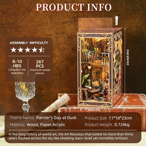 MiniCity Book Nook Kit - DIY Miniature Dollhouse Bookend Decor with LED Light | 3D Wooden Puzzle, Painter's Day at Dusk