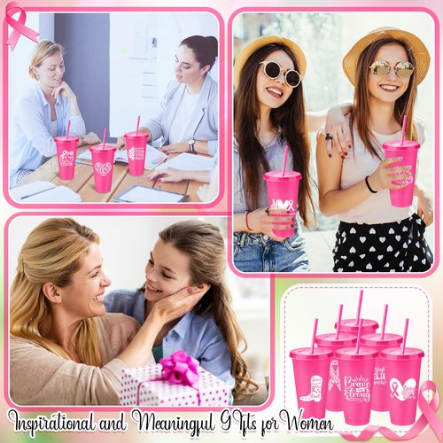 Bokon 12 Pcs Breast Cancer Gifts for Women, 24oz Breast Cancer Awareness Tumblers with Straws and Lids Plastic Pink Ribbon Water Bottles Bulk Reusable Pink Cups Coffee Mugs for Women (Classic)