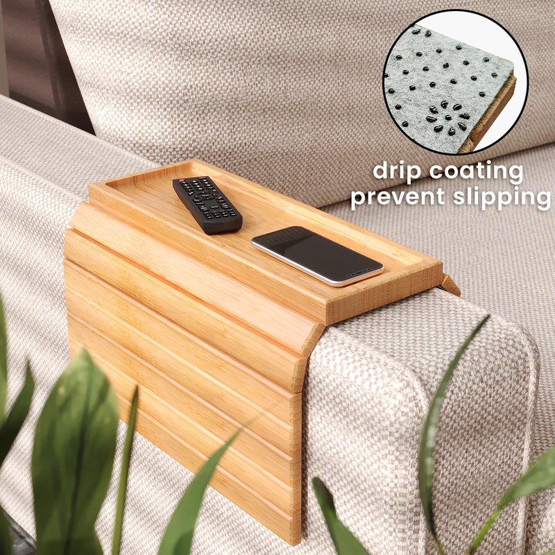 Danfoxer Sofa Arm Tray,Bamboo Folding Couch Arm Tray,Sofa Armrest Trays with Anti-Slip Pad for Drinks,Snacks,Phone,Remote Control（Natural）