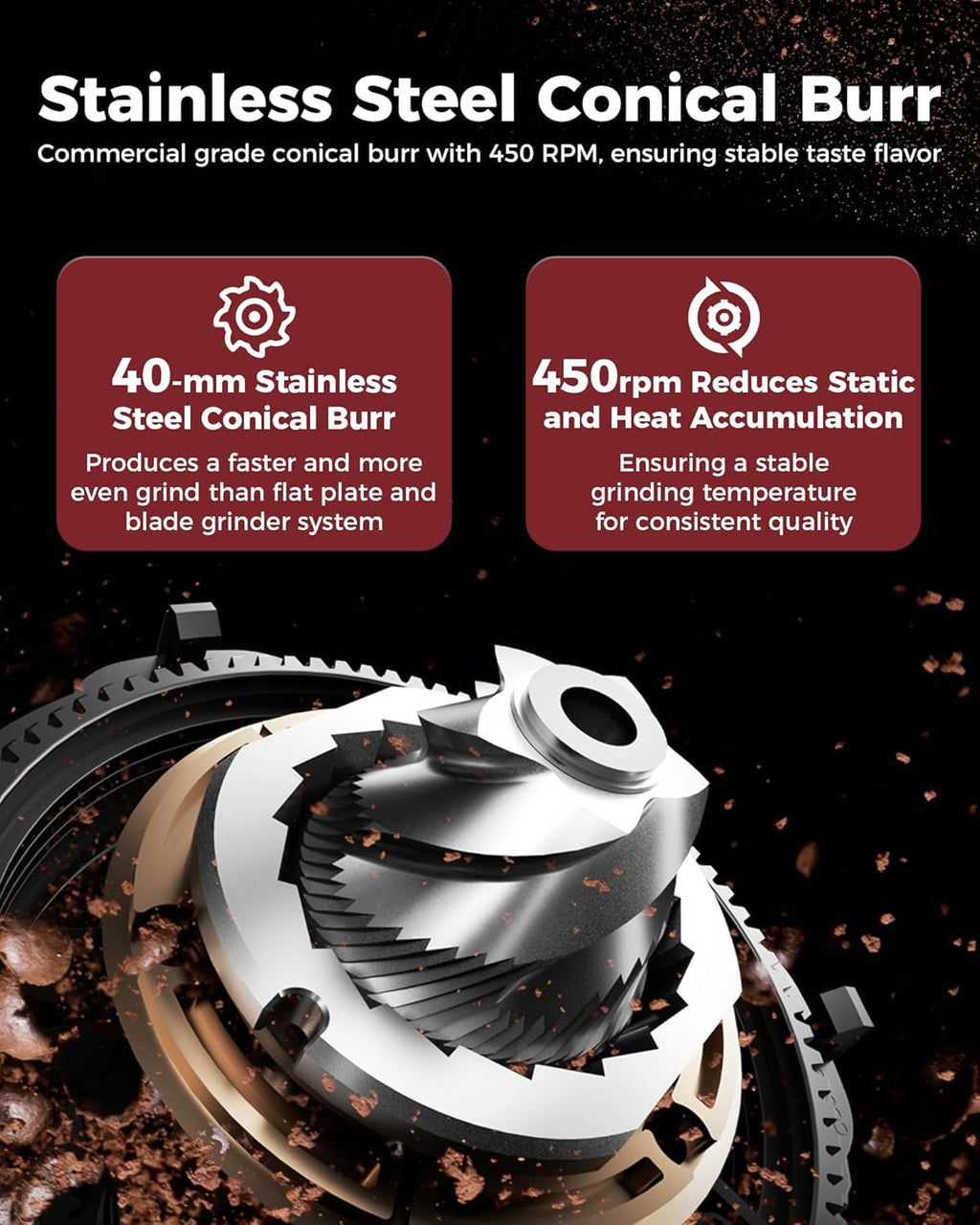 Tuni G1 Conical Burr Coffee Grinder - 48 Grind Settings, Precision Timer & LED Touchscreen | Stainless Steel Silver