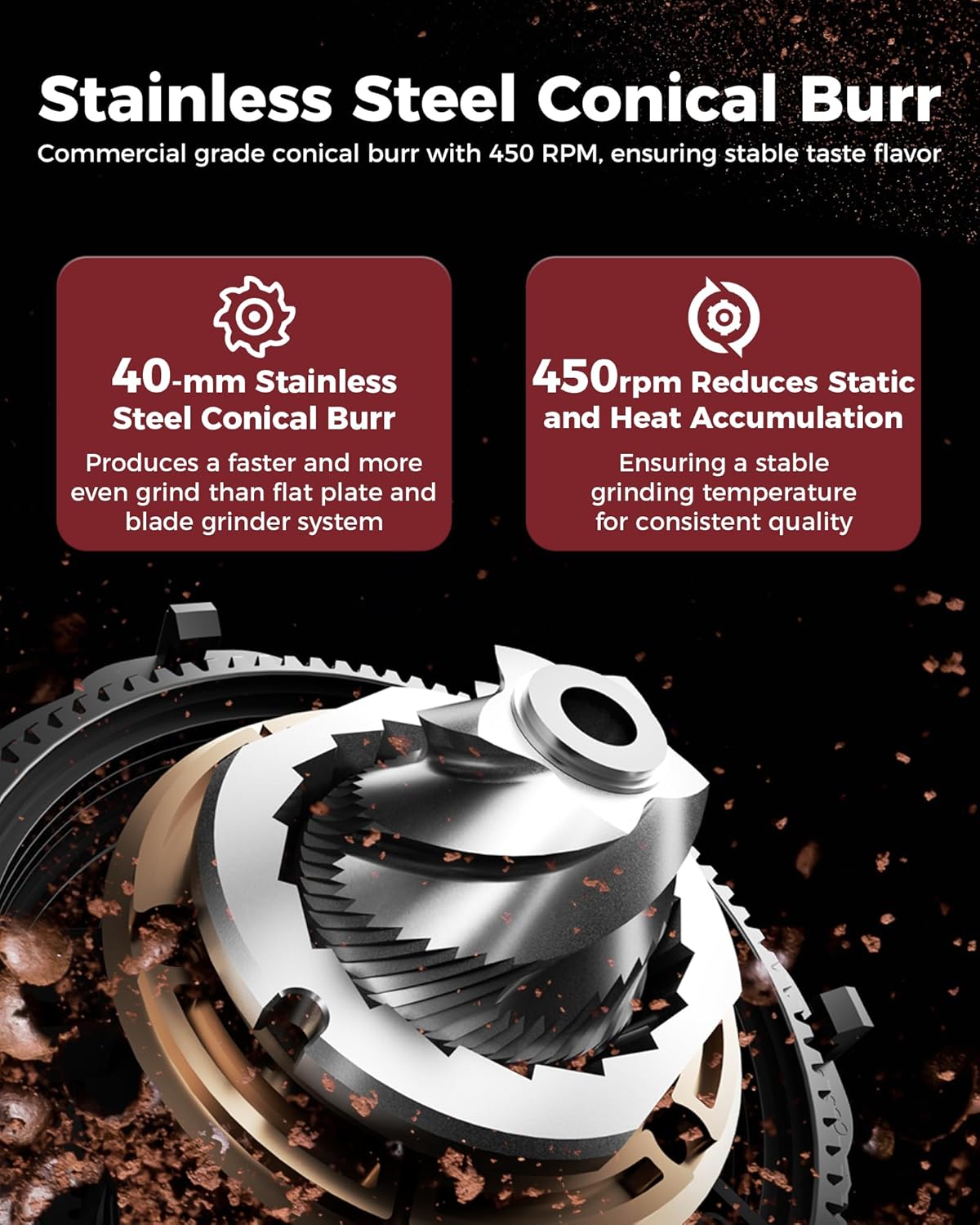 Tuni G1 Conical Burr Coffee Grinder - 48 Grind Settings, Precision Timer & LED Touchscreen | Stainless Steel Silver
