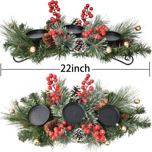 Lvydec Christmas Candle Holder - Festive Pine Cones & Red Berries | 3 Candle Holders for Holiday Decor