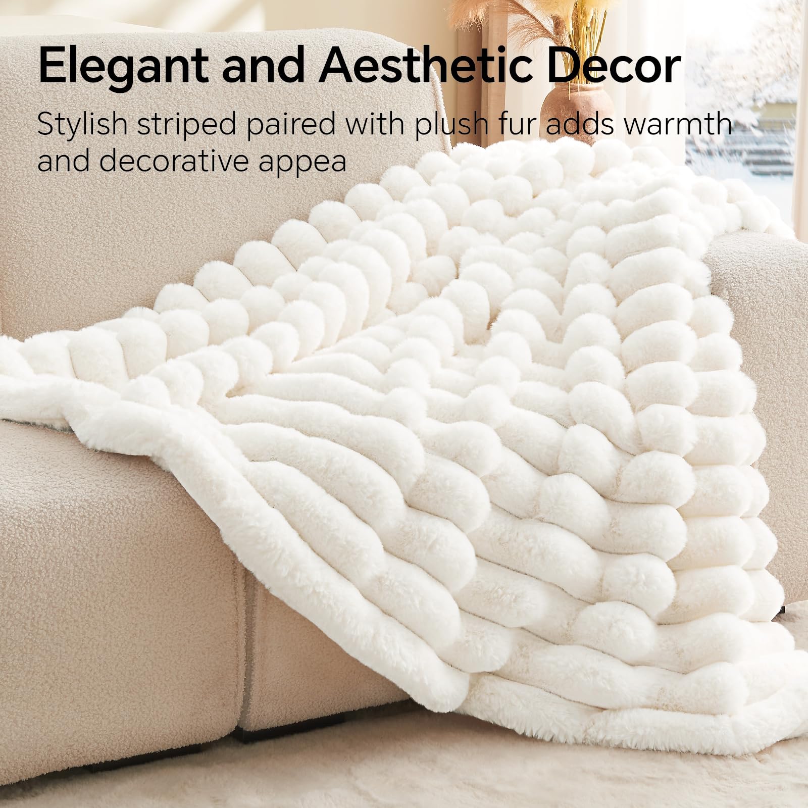 BEDELITE Faux Fur Throw Blanket for Couch, Soft and Cozy Luxurious 3D Striped Fluffy Blanket, 770GSM Thick Warm Plush Fuzzy Faux Rabbit Fur Blanket for Women Gift (Cream, 60"x 80")