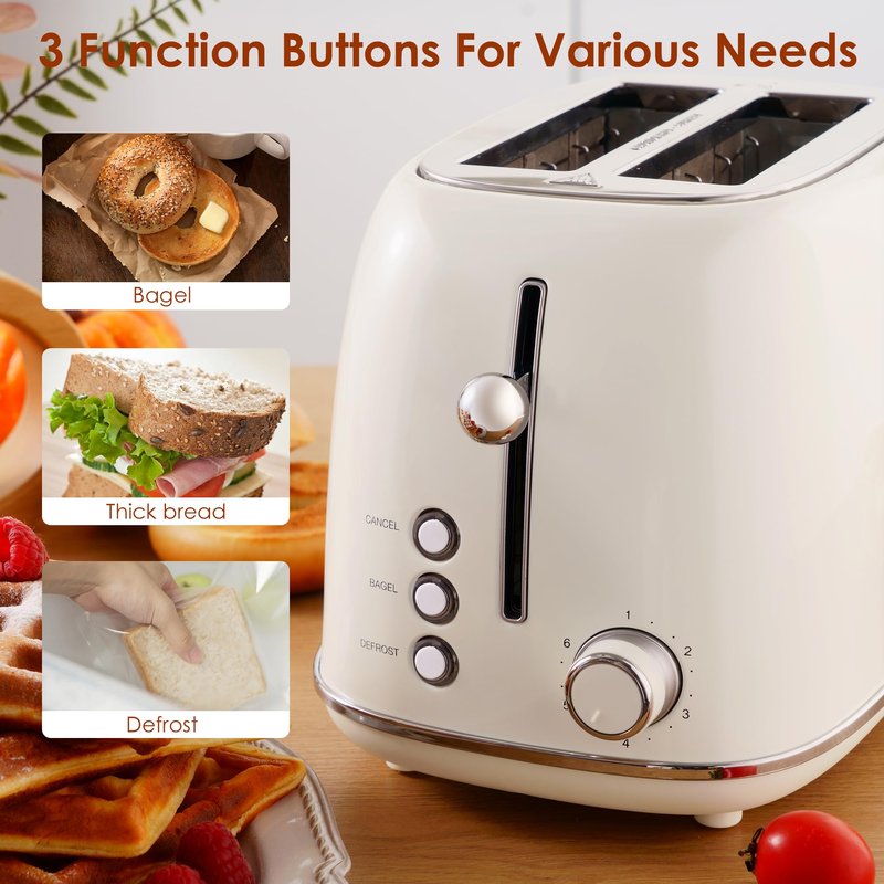 Roter Mond 2 Slice Toaster Retro Stainless Steel with Bagel, Cancel, and Defrost Functions, 6 Bread Shade Settings, Extra Wide Slots and Removable Crumb Tray, Cream