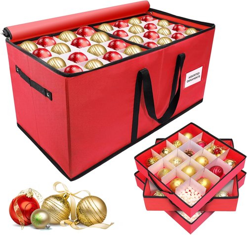 Christmas Ornament Storage Box - Durable 600D Oxford Container Holds Up to 128 Ornaments | 8 Trays, Red