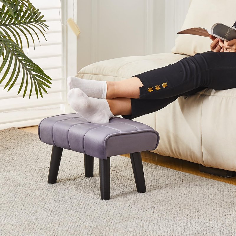 Wimarsbon Small Foot Stool Ottoman Modern Accent Step Stool Seat with Solid Wood Legs Velvet Soft Padded Pouf Ottomans Sofa Footrest Stools 16 inch for Couch Living Room Entryway 2 PCS Grey