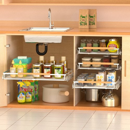 SOFRON Adjustable Pull Out Shelves for Kitchen Cabinet, Expandable Pull Out Drawders for Cabinets, Pull Out Cabinet Organizer Roll Out Drawers, Stainless Steel, Cabinet Width 16.2" - 26.2", 1 Pack