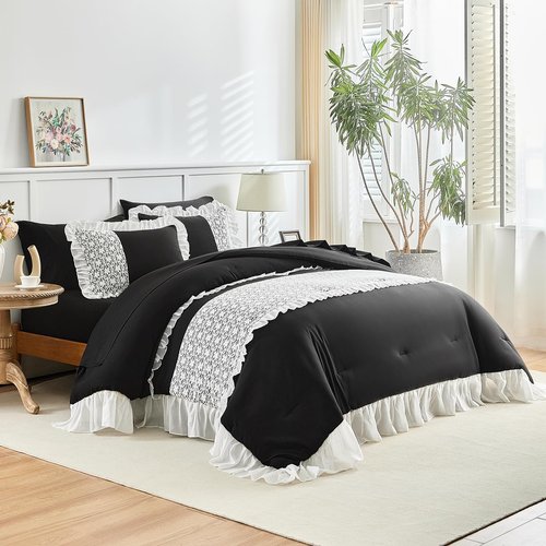 Joyreap Lace Ruffle Bed in a Bag Black, Twin Size 6pcs Chiffon Ruffled Comforter Sheet Set, Princess Style Luxury Microfiber Bedding Comforter Set for All Season