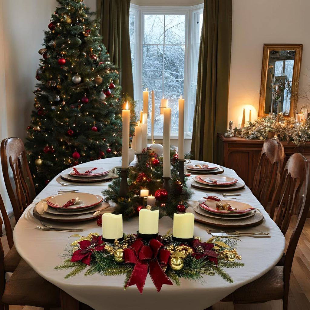Svndlyn Christmas Candle Holders - Festive 3-Piece Set with Red Poinsettia & Golden Accents for Table Centerpiece