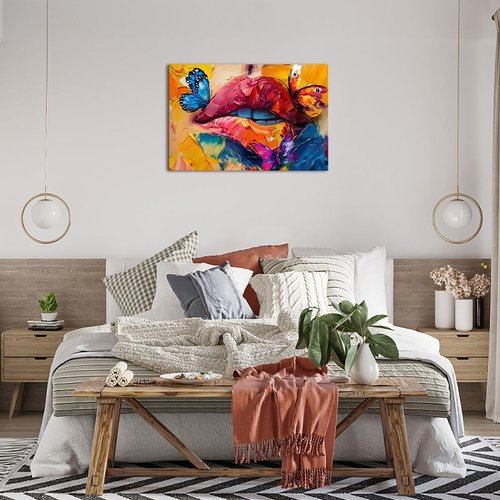 iHAPPYWALL Abstract Lip Canvas Wall Art Graffiti Paintings Colorful Mouth Butterfly Picture Pop Art Posters Prints Modern Romantic Bedroom Decor Framed