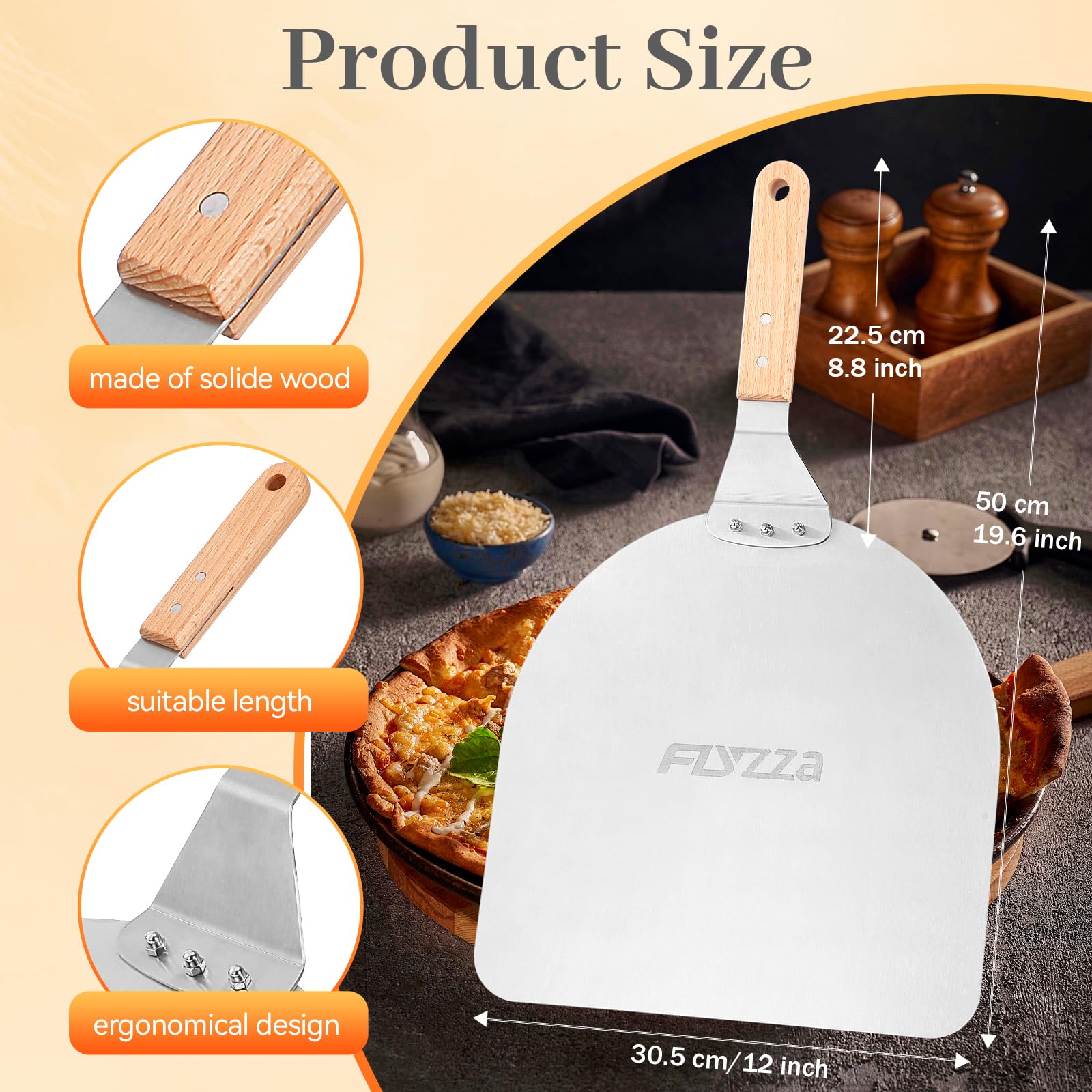 FLYZZA 12 Inch Square Pizza Peel, Stainless Steel Pizza Spatula with Ergonomic Long Wood Handle for Pizza Oven Baking, Turing Peel for Pizza, Dough, Bread Pastry