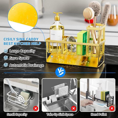 Cisily Gold Kitchen Sink Caddy Organizer - Rustproof Stainless Steel with Brush & Sponge Holder | Home Decor