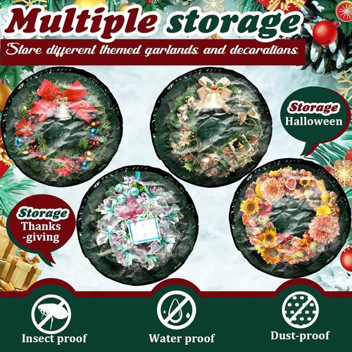 Dunzy Christmas Wreath Storage Bag - 8-Piece Tear-Resistant Fabric with Clear Window | 24x24x7.8 Inch, Green
