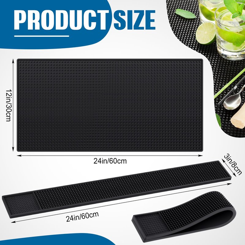 Jingmore 4 Pcs Thick Rubber Bar Mats for Bartending, Durable Non-Slip Spill Mat for Countertop, Home Kitchen, Coffee Bars, and Restaurants Accessories, Black(24" X 12"+24" X 3")
