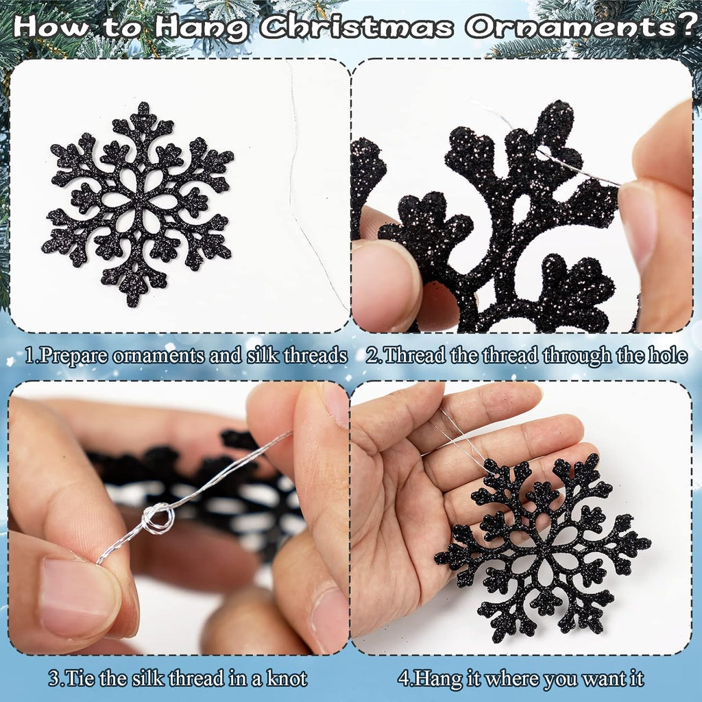 Skiennix 36-Piece Black Christmas Snowflake Ornaments - Glittery Hanging Decor for Winter Wonderland