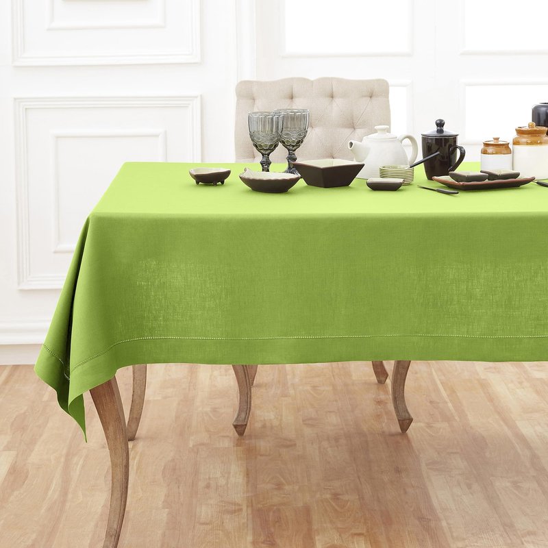 Solino Home Linen Tablecloth for Rectangle Tables 60 x 90 Inch - Classic Hemstitch 100% Pure Linen Lime Green Table Cloth - Machine Washable Cloth Tablecloth for Spring, Summer