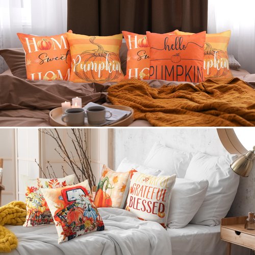 Flutesan 12 Pcs Fall Pillow Covers 18 x 18 Inch Hello Pumpkin Autumn Thanksgiving Decorations Throw Pillow Covers Square Cushion Case for Couch Sofa Outdoor Indoor Home Decor