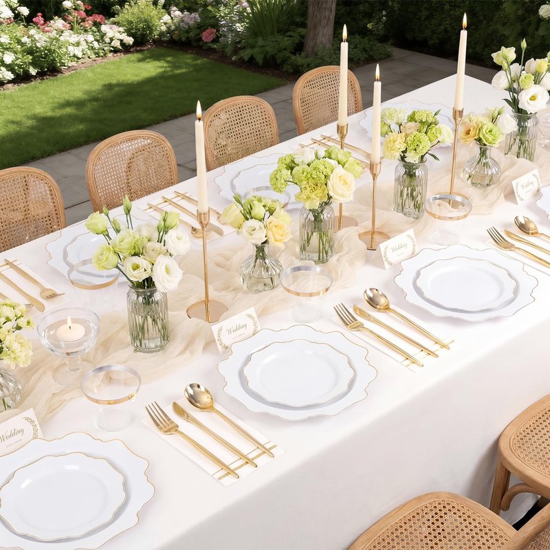 WDF 350PCS White and Gold Plastic Plates - Gold Plates Disposable 50Guest Plastic Dinnerware Ideal for Party/Wedding/Birthday/Mother's Day