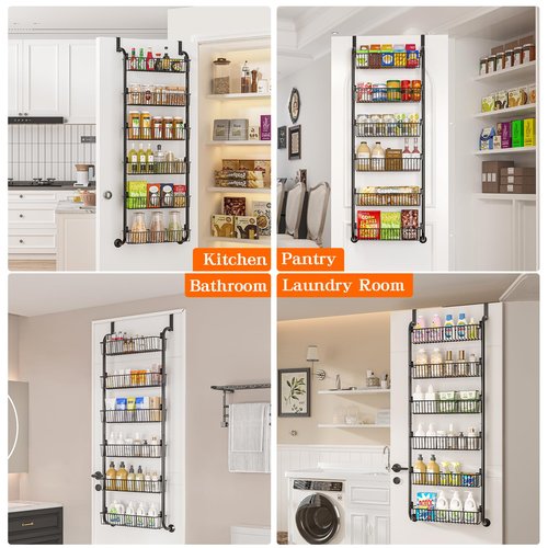 MIAOLI Over the Door Pantry Organizers and Storage, 6-Tier Spice Rack, Home & Kitchen Storage Shelves for Cabinet, Large Capacity Hanging Seasoning Organizer, Laundry Room Organization, Black