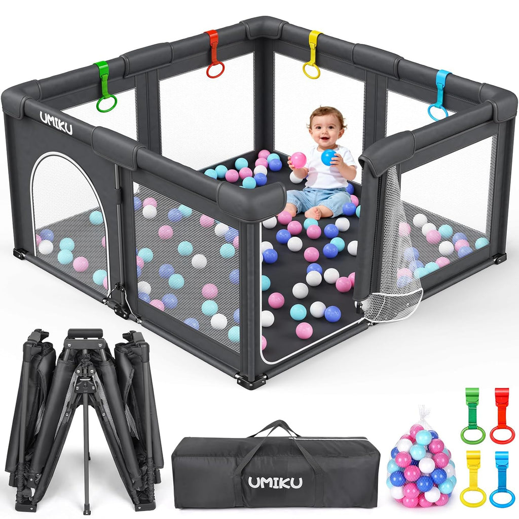 Skiennix Foldable Baby Playpen - Large Portable Play Yard for Indoor/Outdoor Use | 50" x 50" Dark Grey