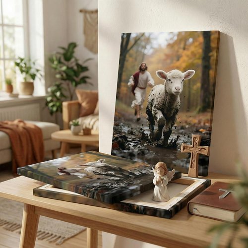 Jesus Canvas Wall Art - Good Shepherd Running After Lost Lamb | Christian Decor for Home & Church