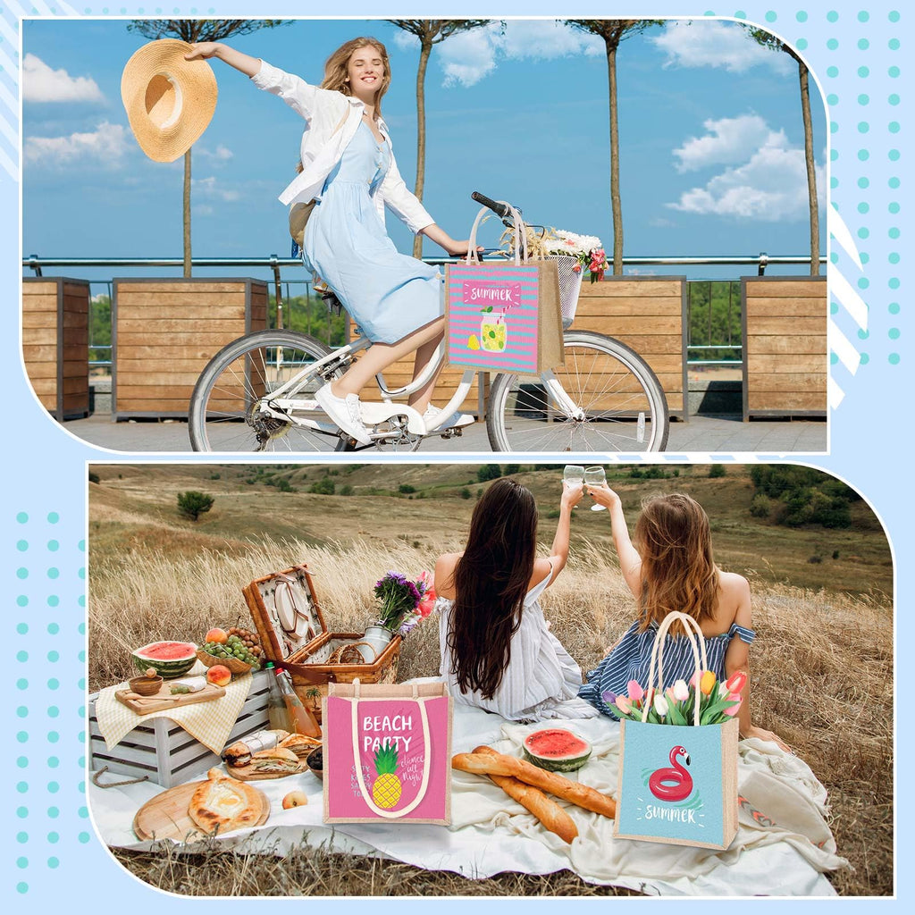 Sweetude 12 Pcs Beach Burlap Tote Bags Bulk Large Beach Jute Reusable Bag with Handles Waterproof for Women Summer Weekend Travel Wedding Gift, 10.2 x 5.9 x 10.6 inch
