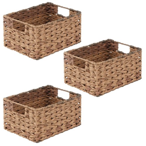 mDesign Woven Farmhouse Kitchen Pantry Food Storage Organizer Basket Bin Box - Container Organization for Cabinets, Cupboards, Shelves, Countertops - Store Potatoes, Onions, Fruit, 3 Pack, Brown Ombre