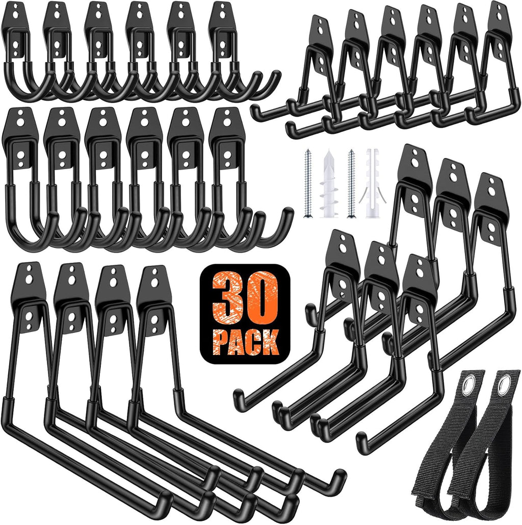 Skiennix Heavy Duty Garage Hooks - Solid Steel Wall Mount Hangers with Anti-Slip Coating | 30 Pack for Organizing Tools
