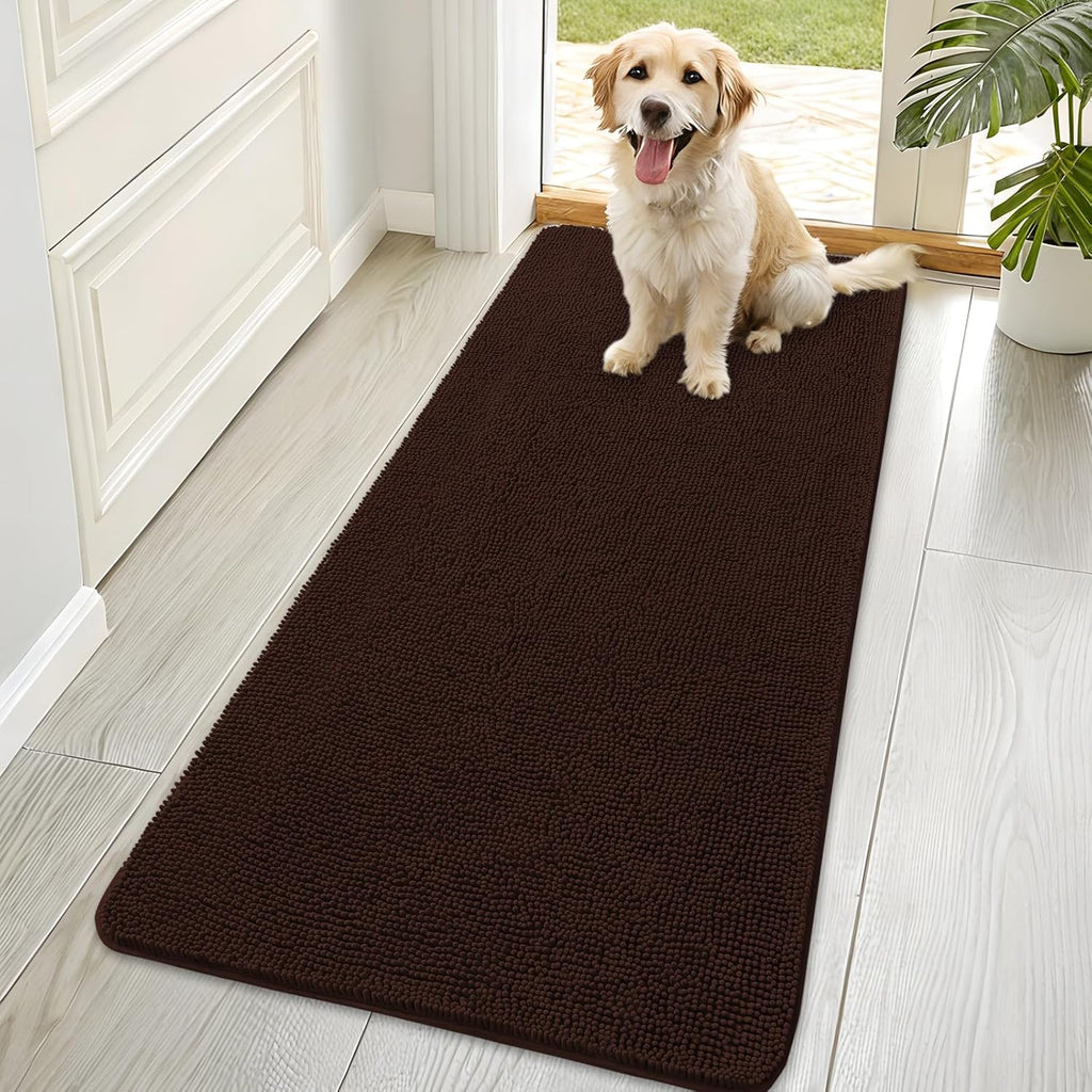 OLANLY Dog Door Mat - Absorbent Non-Slip Chenille Mat for Muddy Paws | 70x35 Inches, Quick Dry, Brown