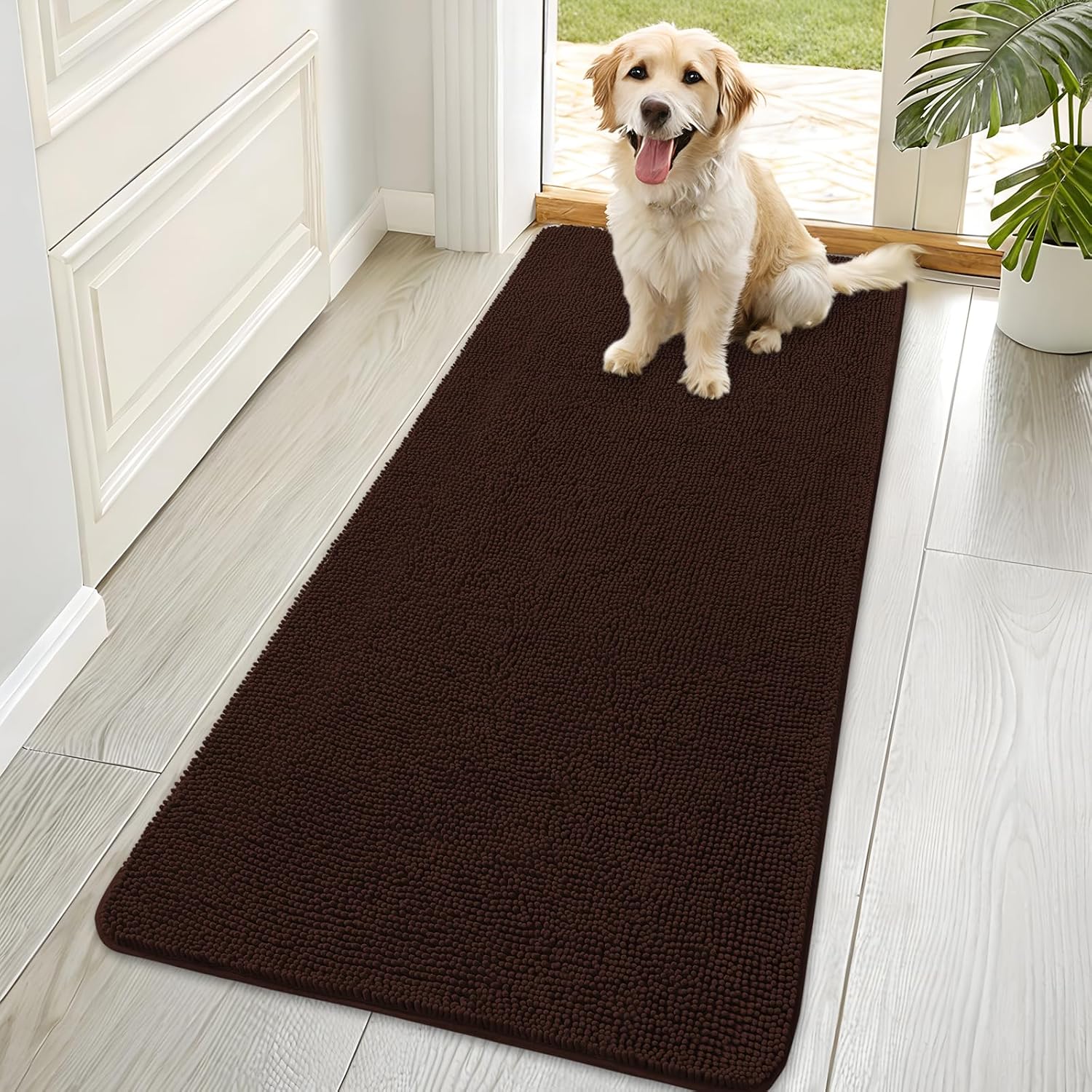 OLANLY Dog Door Mat - Absorbent Non-Slip Chenille Mat for Muddy Paws | 70x35 Inches, Quick Dry, Brown