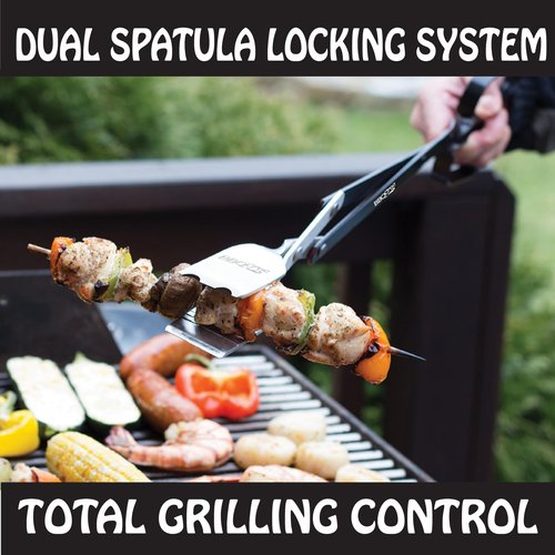 3-in-1 Barbecue Tool 21-inch by BBQ Croc - Extra Light and Xtra Long Tongs, Spatula and Grill Scraper (Black)