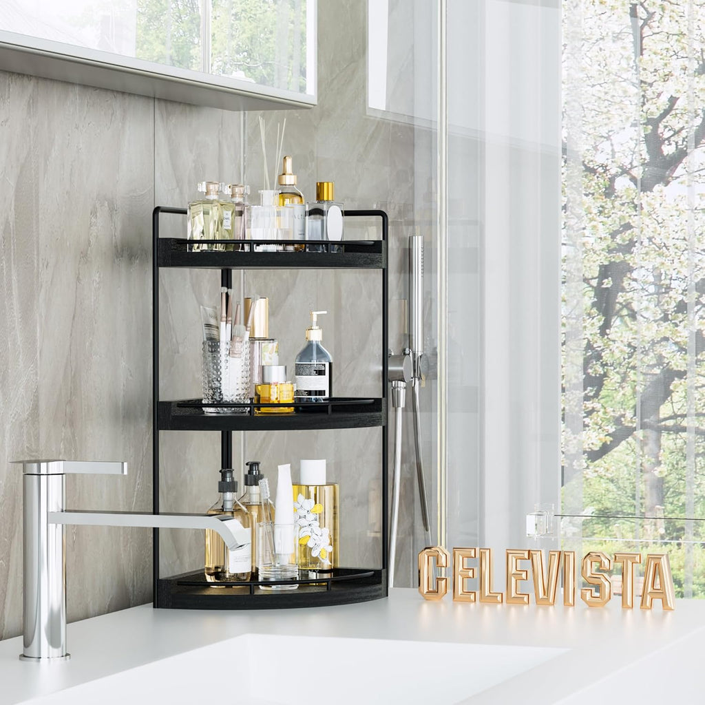 Skiennix Corner Bathroom Counter Organizer - 3-Tier Wood Vanity Shelf for Skincare & Makeup (Black)