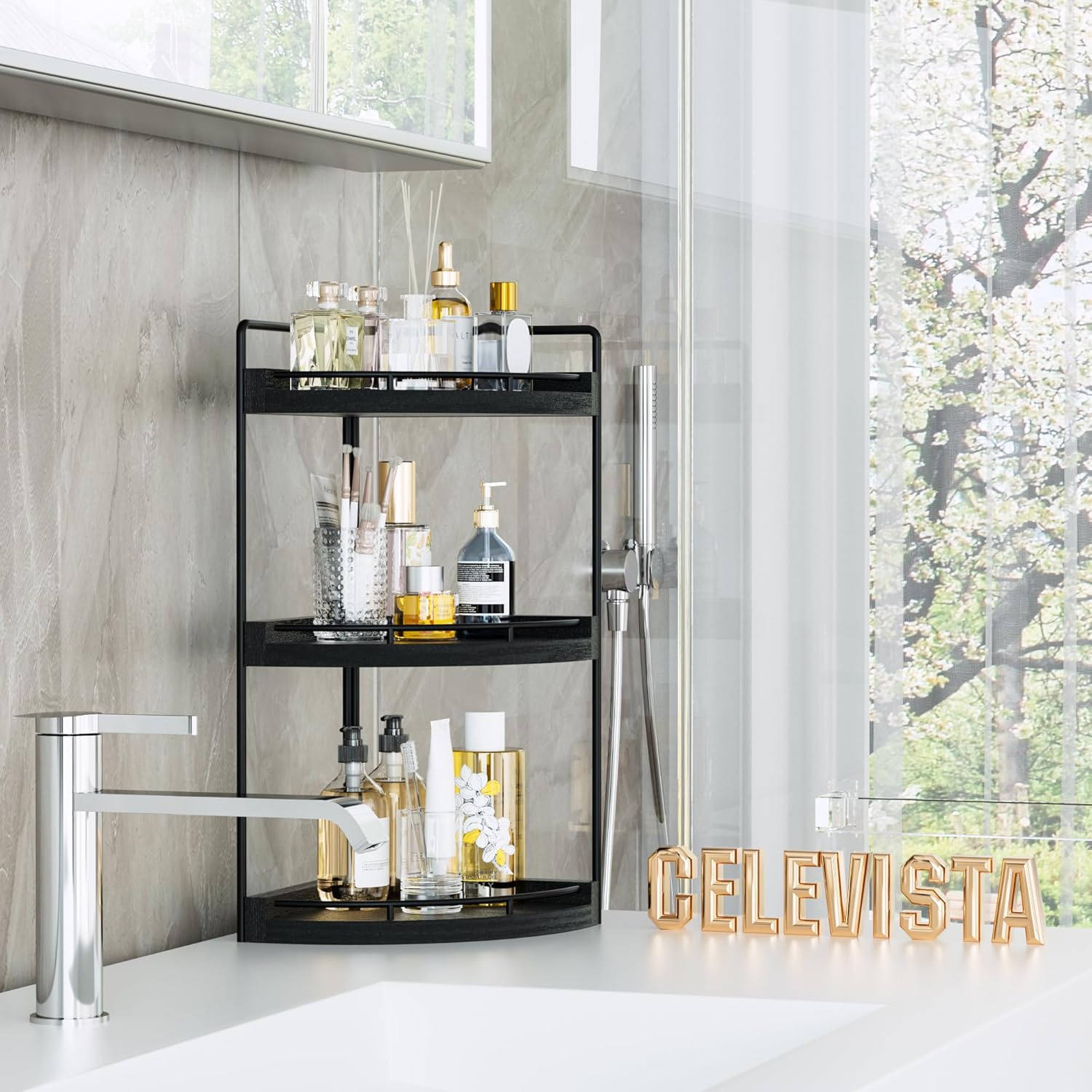 Skiennix Corner Bathroom Counter Organizer - 3-Tier Wood Vanity Shelf for Skincare & Makeup (Black)
