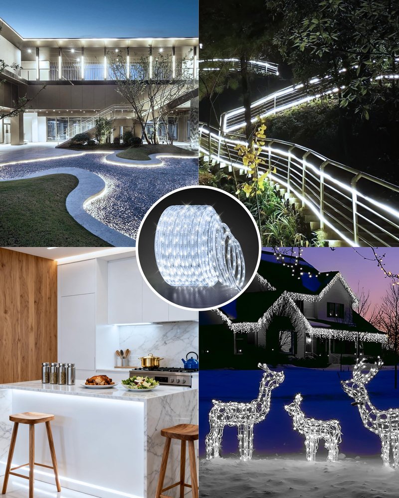 59ft LED Rope Light, Cuttable Waterproof Indoor Outdoor Clear Tube Light Plug in, 648 Daylight White LEDs 110V 6000K Flexible Connectable for Christmas Patio Outside Balcony Garden Bedroom Trees Decor