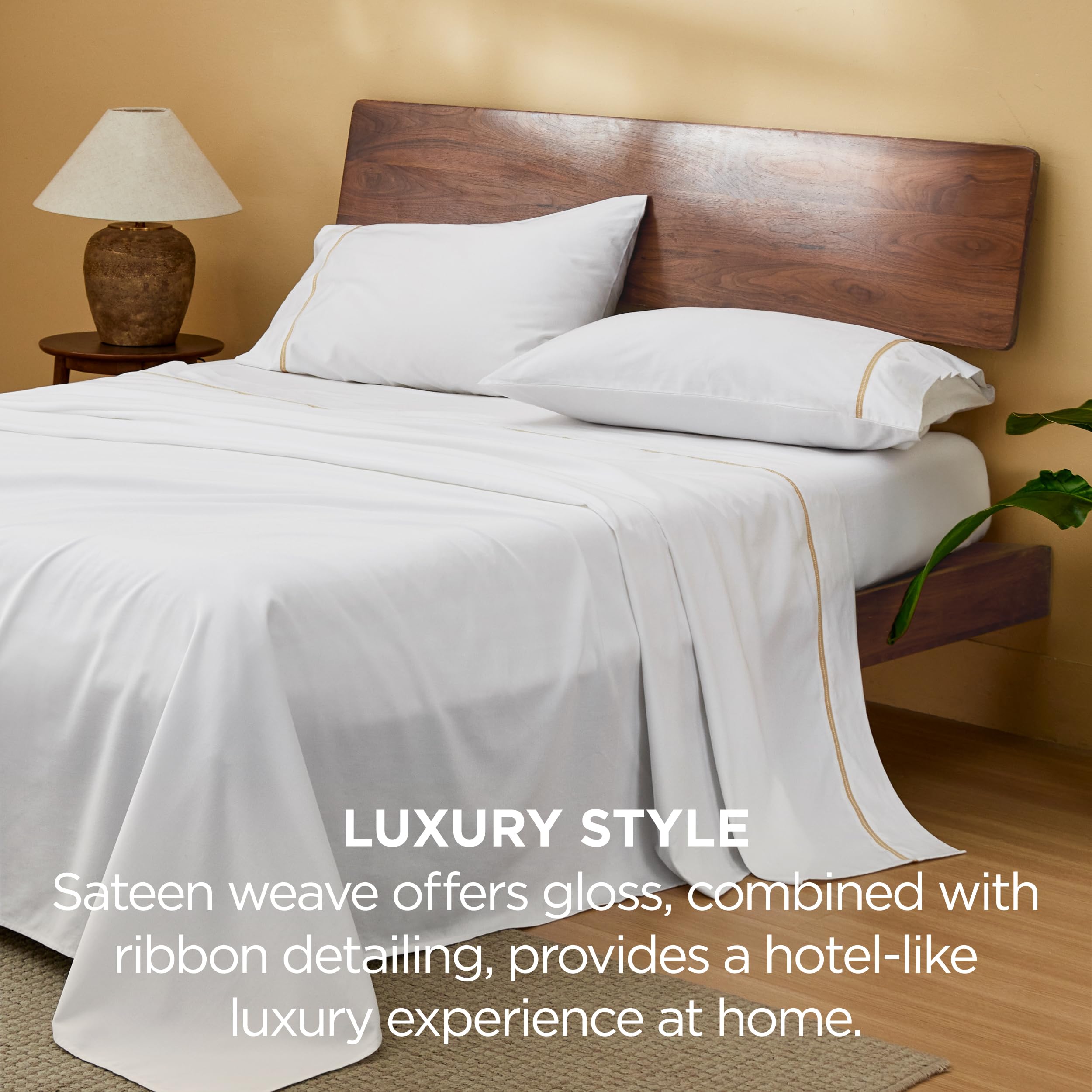 Bedsure 100% Cotton Sheets King Size Set - 500 Thread Count Cotton Sateen Bedsheets, Luxury Hotel Quality, Soft & Breathable Bedsheets, 16" Deep Pocket, 4-Piece, Include King Flat Sheet White