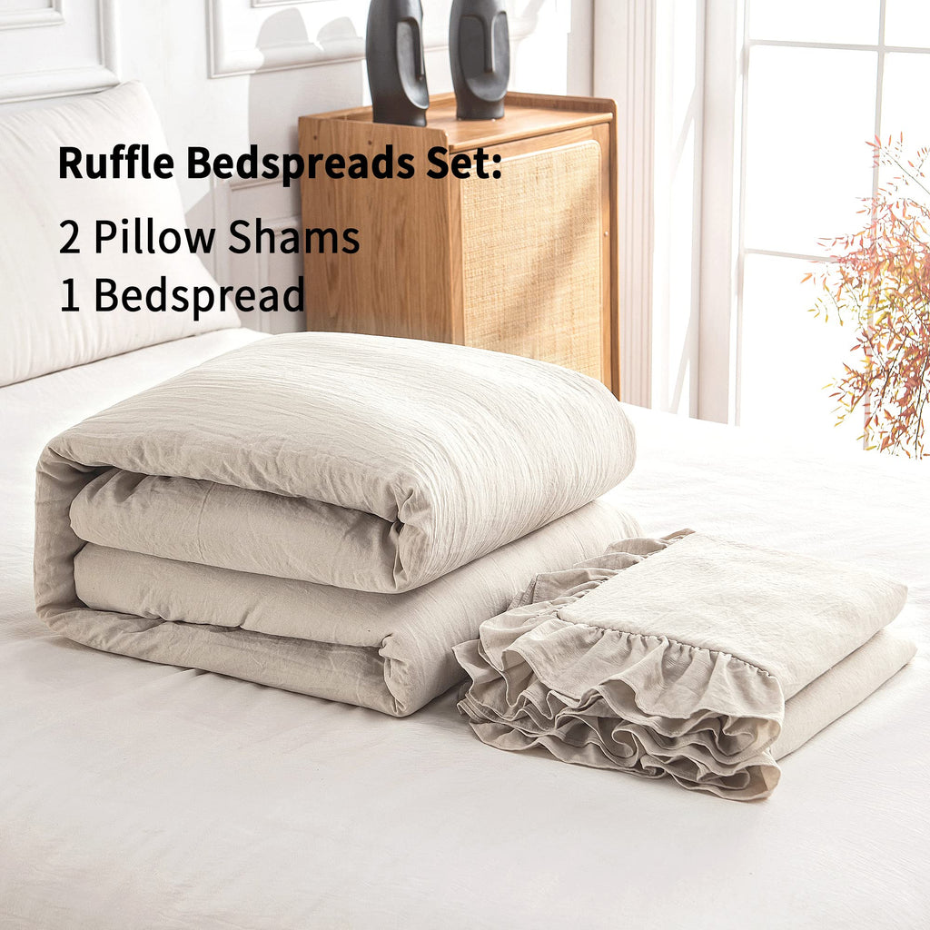 Bonlino Home Bedding Bedspread Set Quilt - Farmhouse Bedspread Summer Coverlet Bed Spreads, Lightweight Quilt Chic Vintage Bedding Ruffle Skirt Bedroom Rustic with 2 Pillow Shams (King, Wheat)