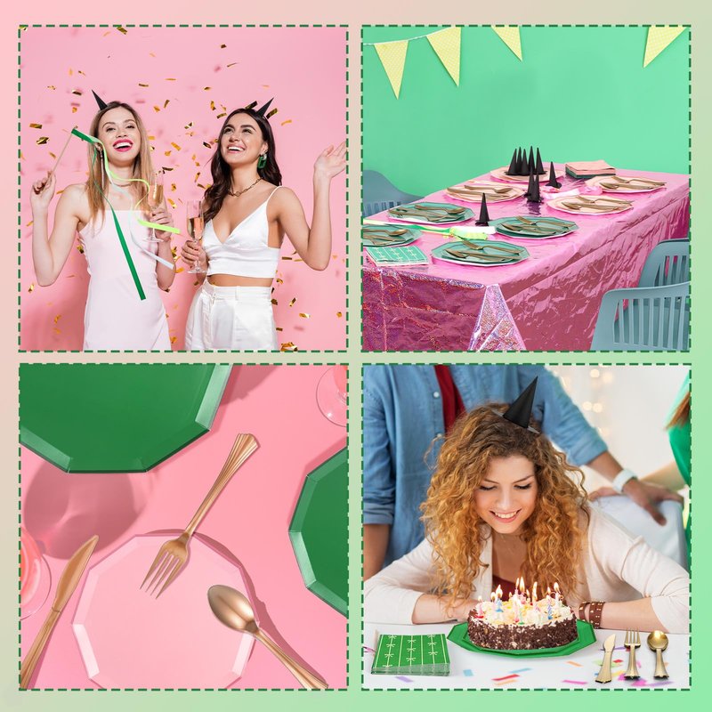 Yungyan 386 Pcs Pink and Green Party Decorations Witch Birthday Party Favors Including Tablecloths Plates Napkins Metal Knives Forks Spoons for Birthday Favors Women Girl Serve 24 Guests