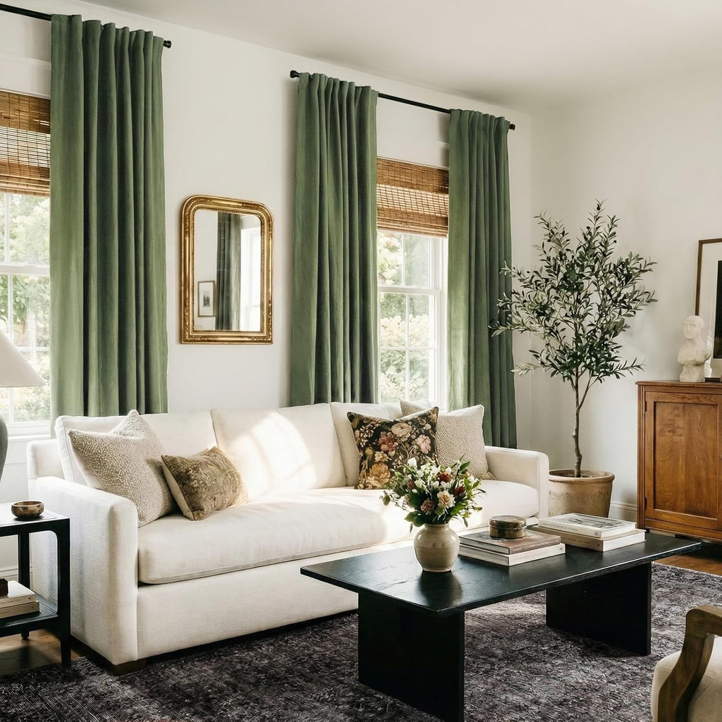 Skiennix 100% Blackout Curtains - Olive Green Linen, Thermal Insulated, 2 Panels Set | 50" W x 84" L