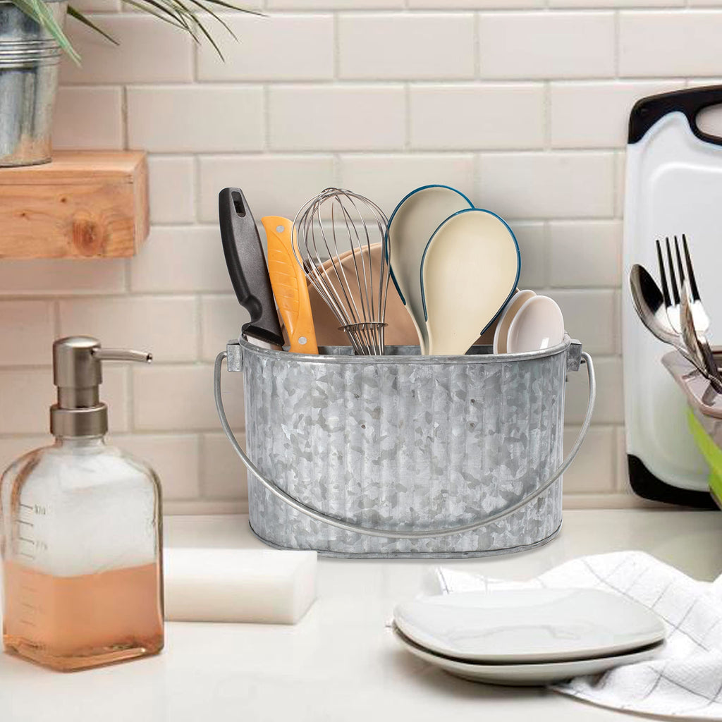CLEENTABLE Galvanized Metal Caddy with Handle - Heavy Duty Utensil Holder & Cutlery Organizer, Rustic Farmhouse Tabletop Storage Bin for Kitchen, Picnic, BBQ, and Parties